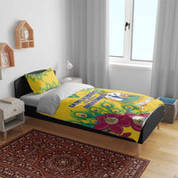 Yellow bedding set with peacock feather and purple flower print, includes comforter and pillows