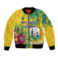 Yellow unisex bomber jacket with zip front, peacock feather and floral graphic, black cuffs