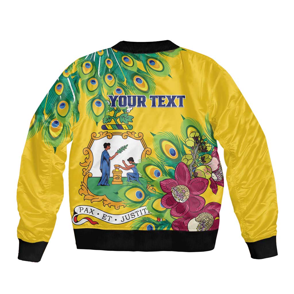 Yellow bomber jacket, back view with peacock feather and floral print, black ribbed hem