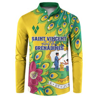 Yellow long-sleeve henley sweatshirt with green collar and peacock feather print front