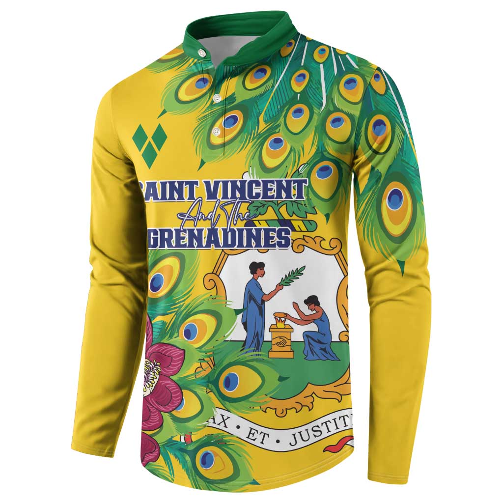Yellow long-sleeve henley sweatshirt with green collar and peacock feather graphic front
