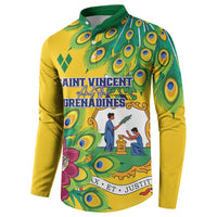 Yellow long-sleeve henley sweatshirt with green collar and peacock feather graphic front