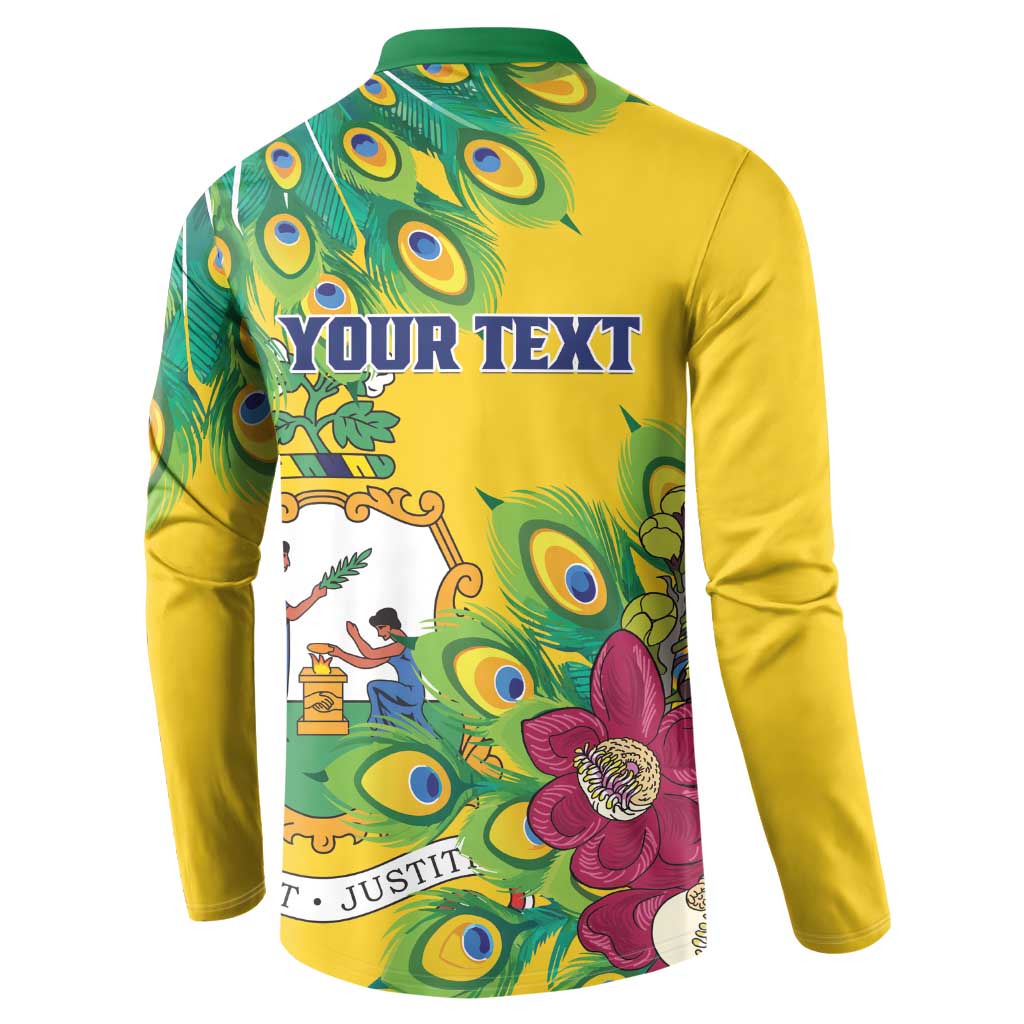 Yellow long-sleeve henley sweatshirt with green collar and “YOUR TEXT” back graphic