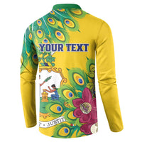 Yellow long-sleeve henley sweatshirt with green collar and “YOUR TEXT” back graphic