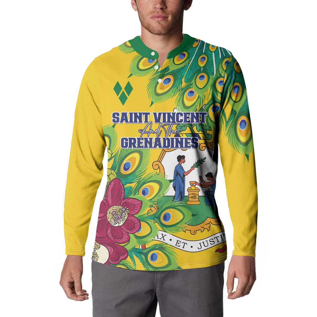 Yellow long-sleeve henley sweatshirt with green collar and peacock print on chest