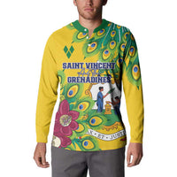 Yellow long-sleeve henley sweatshirt with green collar and peacock print on chest