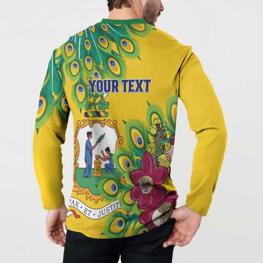 Yellow long-sleeve henley sweatshirt with green collar and “YOUR TEXT” back graphic