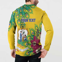 Yellow long-sleeve henley sweatshirt with green collar and “YOUR TEXT” back graphic