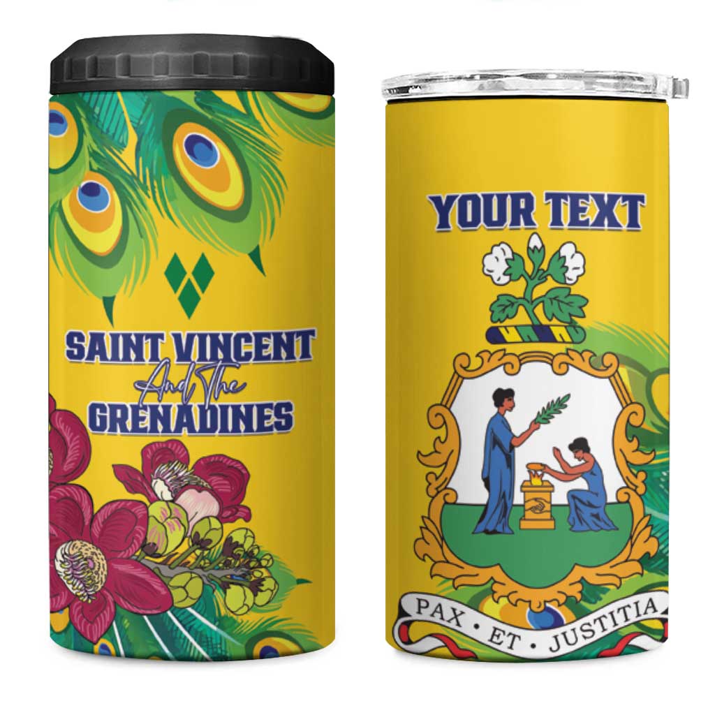 Personalized Saint Vincent and the Grenadines 4 in 1 Can Cooler Tumbler Stylized Peacock Feather Royal