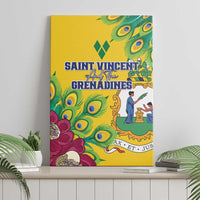 Framed canvas wall art showing peacock feather artwork on a bright yellow background.