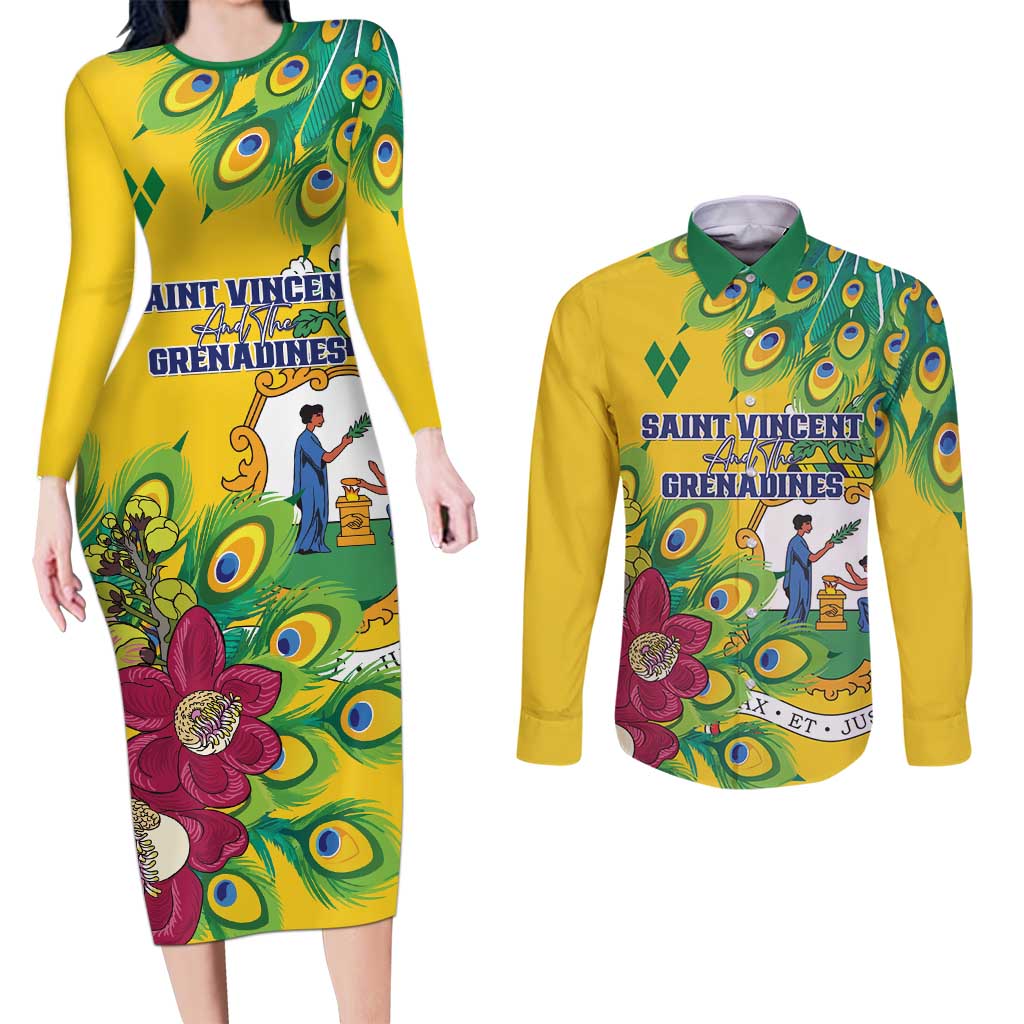 Personalized Saint Vincent and the Grenadines Couples Matching Long Sleeve Bodycon Dress and Long Sleeve Button Shirt Stylized Peacock Feather Royal