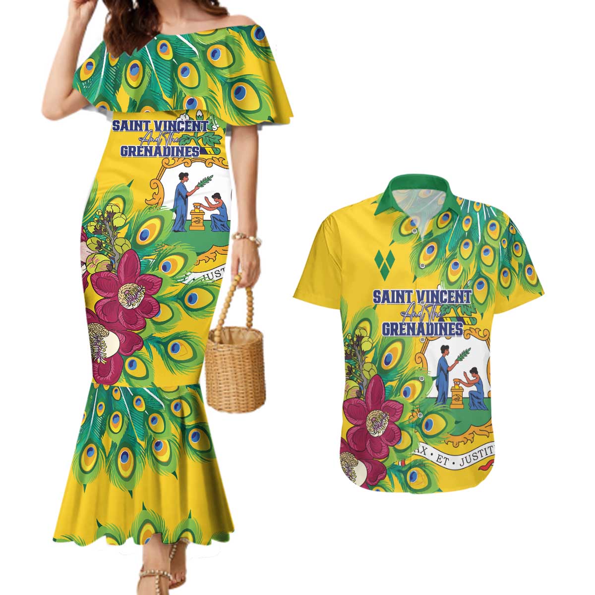 Personalized Saint Vincent and the Grenadines Couples Matching Mermaid Dress and Hawaiian Shirt Stylized Peacock Feather Royal