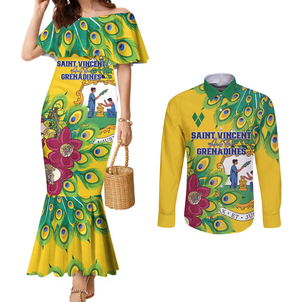 Personalized Saint Vincent and the Grenadines Couples Matching Mermaid Dress and Long Sleeve Button Shirt Stylized Peacock Feather Royal