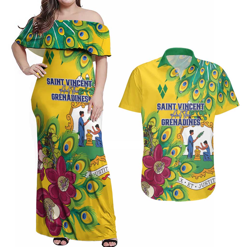 Personalized Saint Vincent and the Grenadines Couples Matching Off Shoulder Maxi Dress and Hawaiian Shirt Stylized Peacock Feather Royal