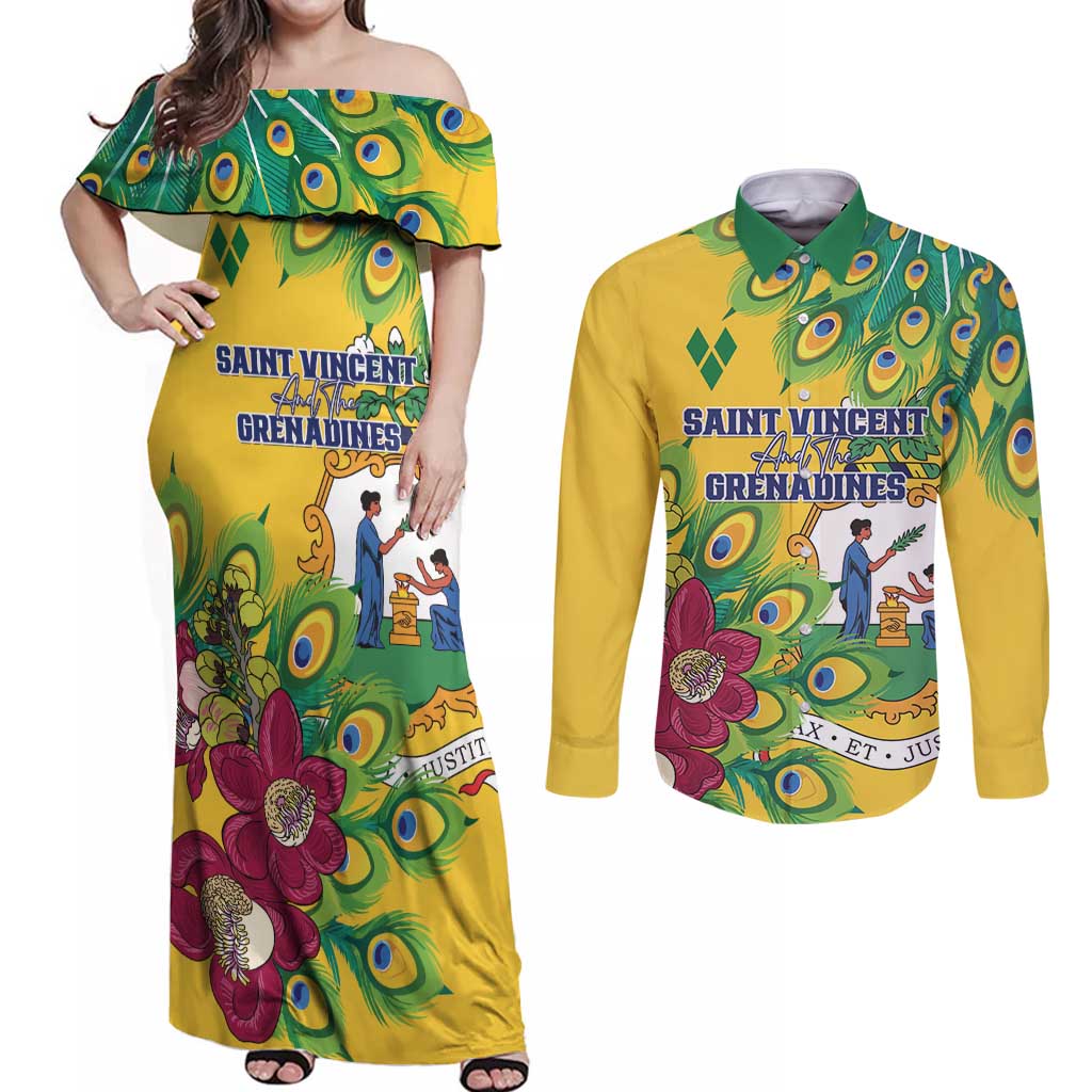 Personalized Saint Vincent and the Grenadines Couples Matching Off Shoulder Maxi Dress and Long Sleeve Button Shirt Stylized Peacock Feather Royal