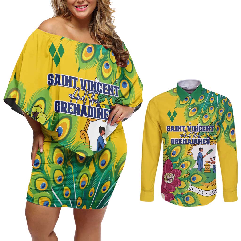 Personalized Saint Vincent and the Grenadines Couples Matching Off Shoulder Short Dress and Long Sleeve Button Shirt Stylized Peacock Feather Royal