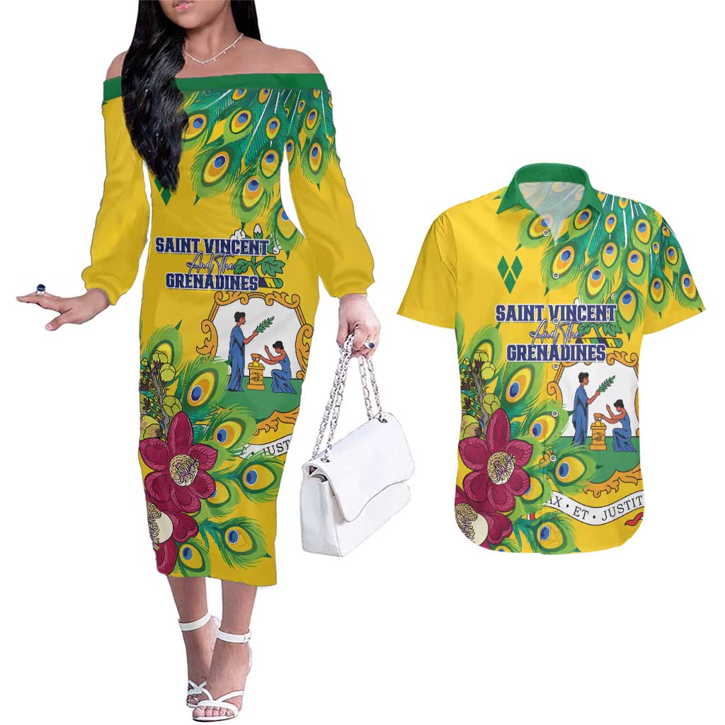 Personalized Saint Vincent and the Grenadines Couples Matching Off The Shoulder Long Sleeve Dress and Hawaiian Shirt Stylized Peacock Feather Royal