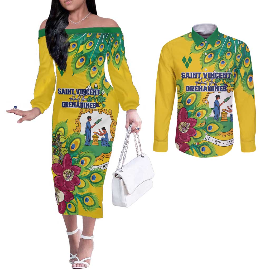 Personalized Saint Vincent and the Grenadines Couples Matching Off The Shoulder Long Sleeve Dress and Long Sleeve Button Shirt Stylized Peacock Feather Royal