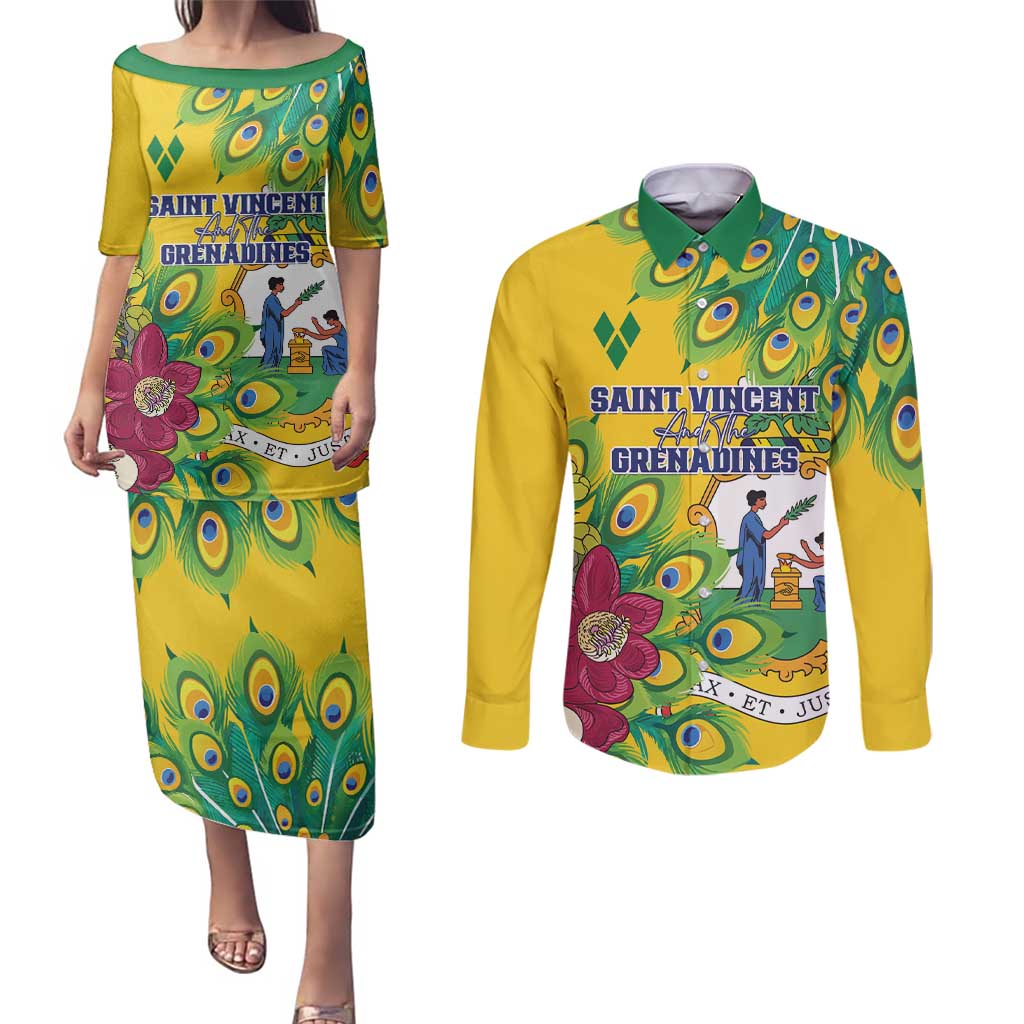 Personalized Saint Vincent and the Grenadines Couples Matching Puletasi and Long Sleeve Button Shirt Stylized Peacock Feather Royal