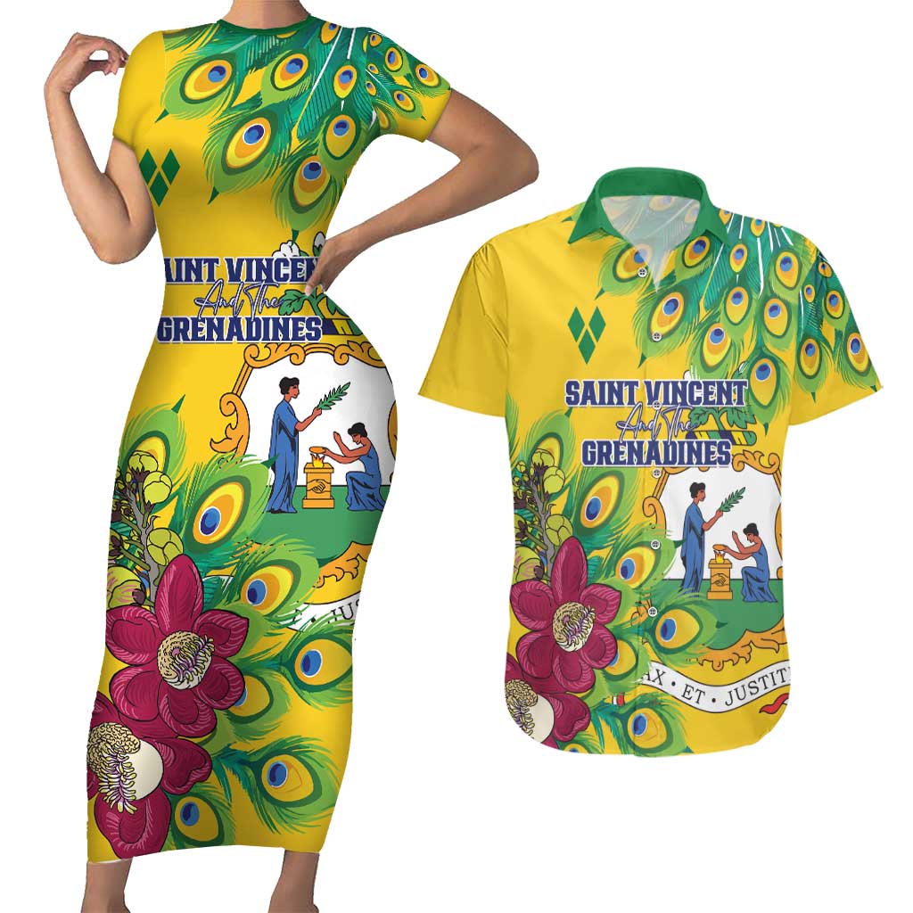 Personalized Saint Vincent and the Grenadines Couples Matching Short Sleeve Bodycon Dress and Hawaiian Shirt Stylized Peacock Feather Royal