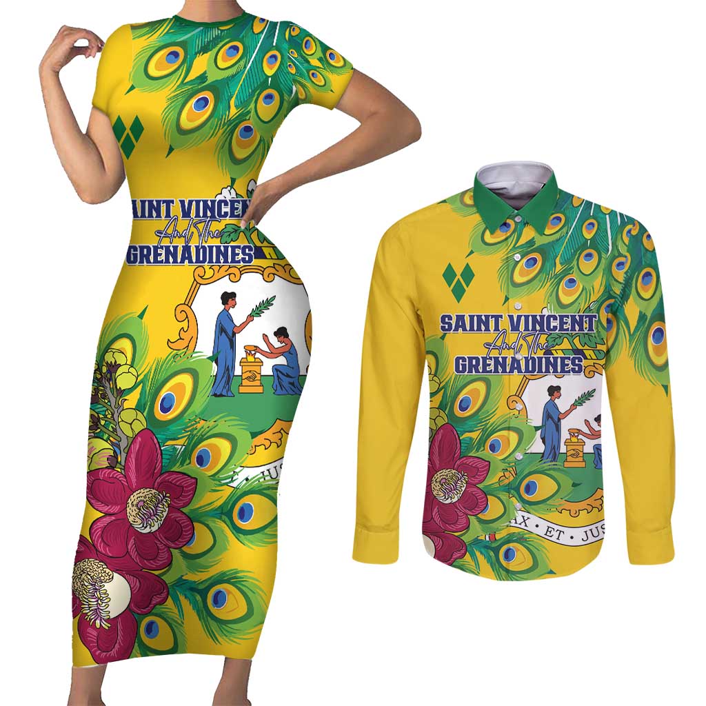 Personalized Saint Vincent and the Grenadines Couples Matching Short Sleeve Bodycon Dress and Long Sleeve Button Shirt Stylized Peacock Feather Royal