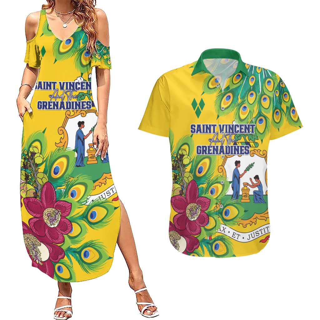 Personalized Saint Vincent and the Grenadines Couples Matching Summer Maxi Dress and Hawaiian Shirt Stylized Peacock Feather Royal