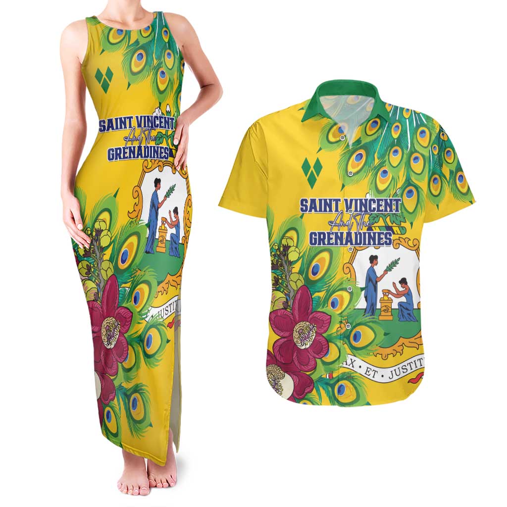 Personalized Saint Vincent and the Grenadines Couples Matching Tank Maxi Dress and Hawaiian Shirt Stylized Peacock Feather Royal