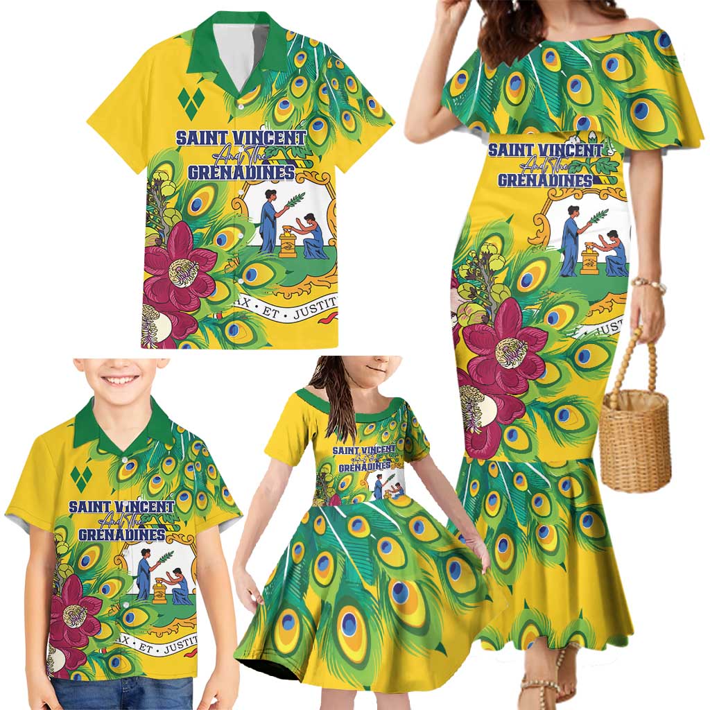 Personalized Saint Vincent and the Grenadines Family Matching Mermaid Dress and Hawaiian Shirt Stylized Peacock Feather Royal