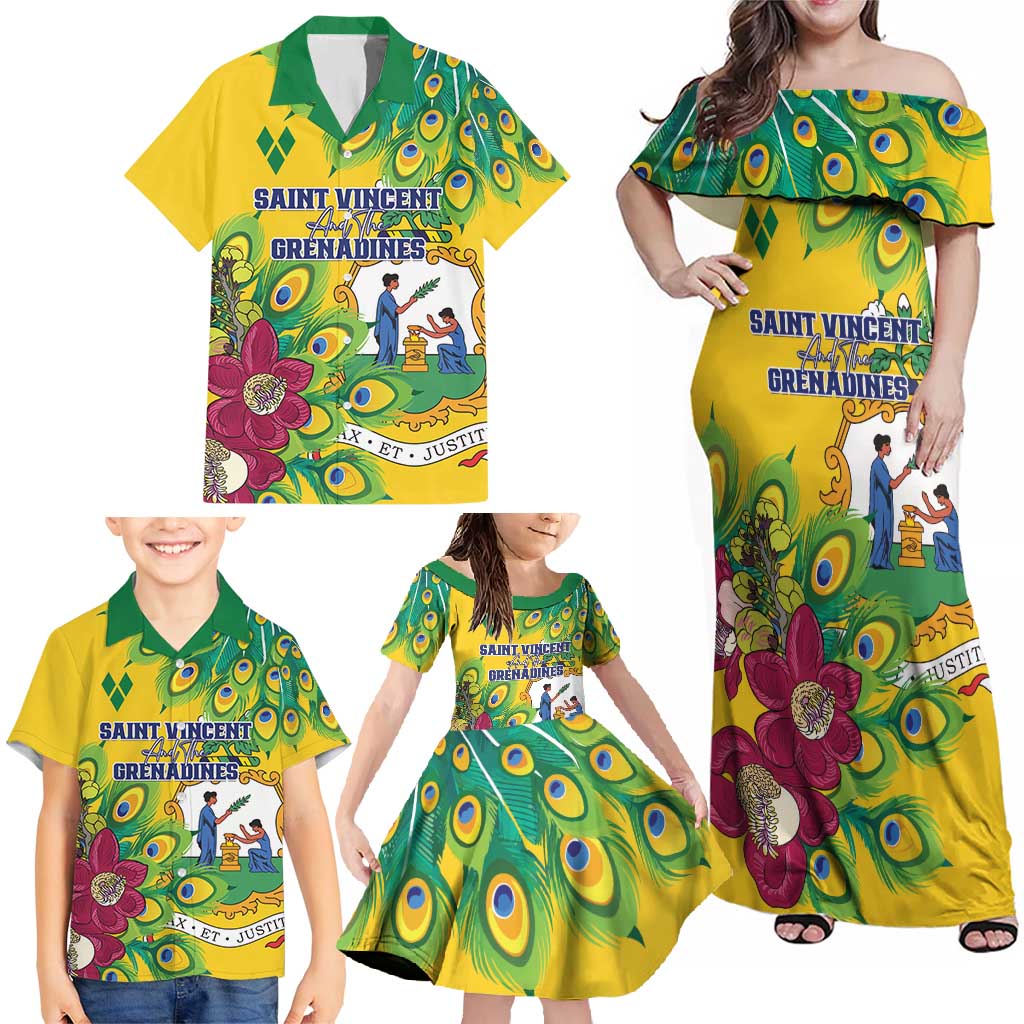 Personalized Saint Vincent and the Grenadines Family Matching Off Shoulder Maxi Dress and Hawaiian Shirt Stylized Peacock Feather Royal