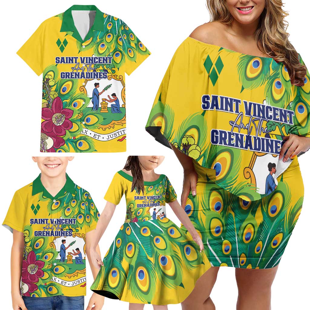 Personalized Saint Vincent and the Grenadines Family Matching Off Shoulder Short Dress and Hawaiian Shirt Stylized Peacock Feather Royal