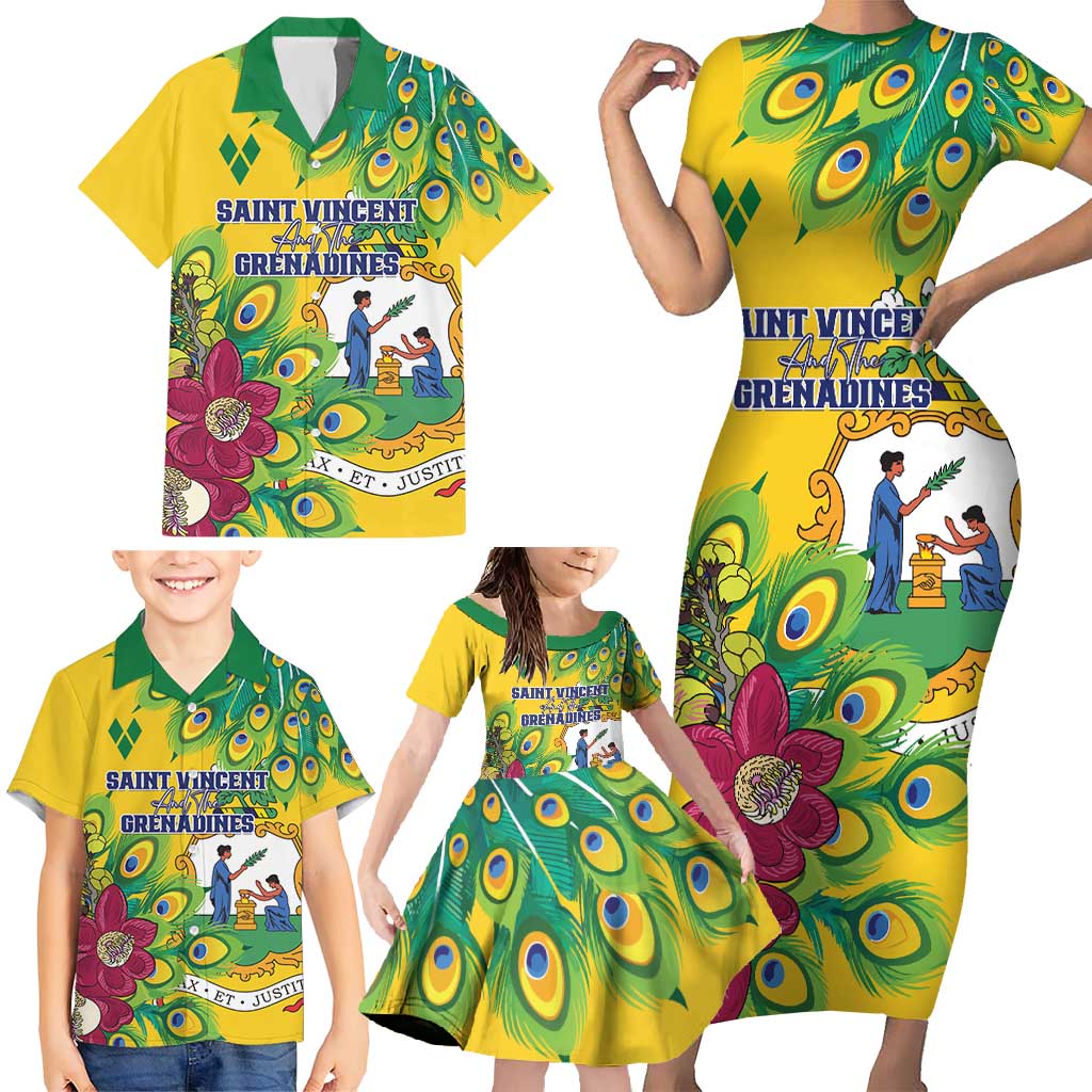 Personalized Saint Vincent and the Grenadines Family Matching Short Sleeve Bodycon Dress and Hawaiian Shirt Stylized Peacock Feather Royal