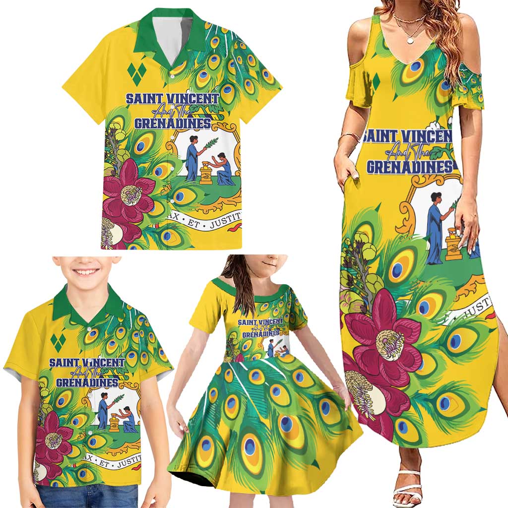 Personalized Saint Vincent and the Grenadines Family Matching Summer Maxi Dress and Hawaiian Shirt Stylized Peacock Feather Royal