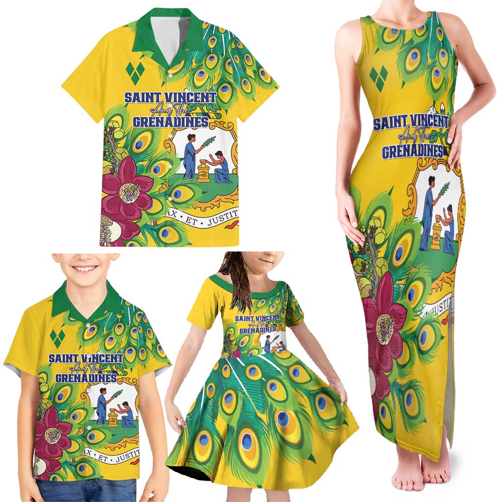 Personalized Saint Vincent and the Grenadines Family Matching Tank Maxi Dress and Hawaiian Shirt Stylized Peacock Feather Royal