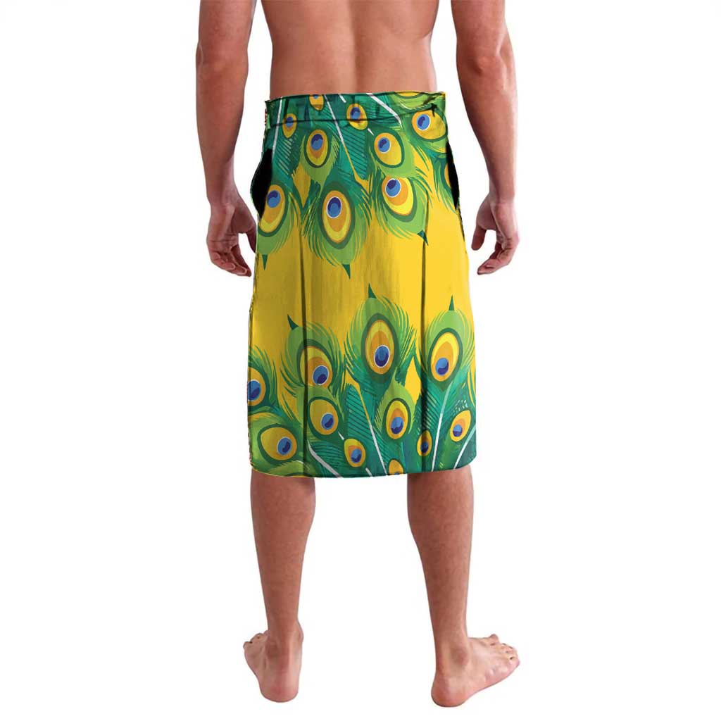 Yellow peacock-feather print shorts with elastic waistband, knee length