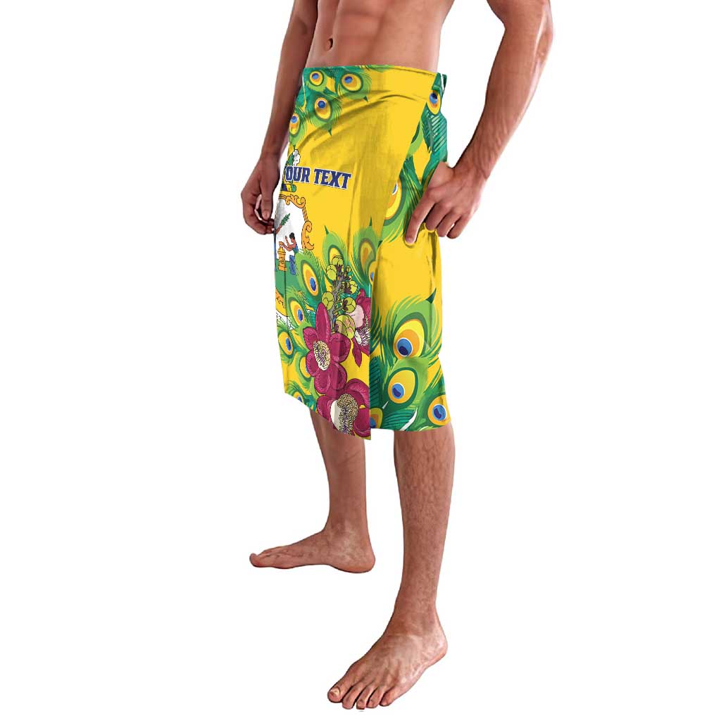 Yellow peacock-feather print shorts with elastic waistband, knee length, side view