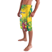 Yellow peacock-feather print shorts with elastic waistband, knee length, side view