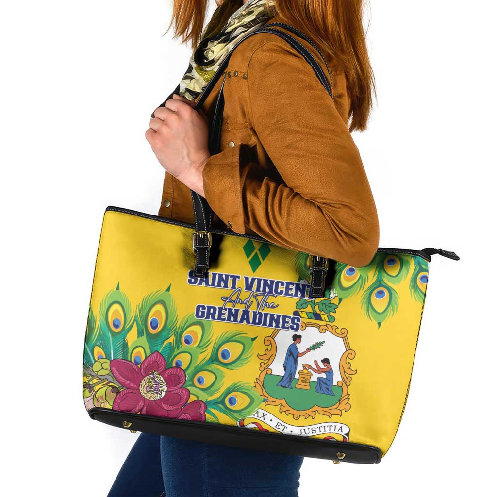 Saint Vincent and the Grenadines Leather Tote Bag Stylized Peacock Feather Royal