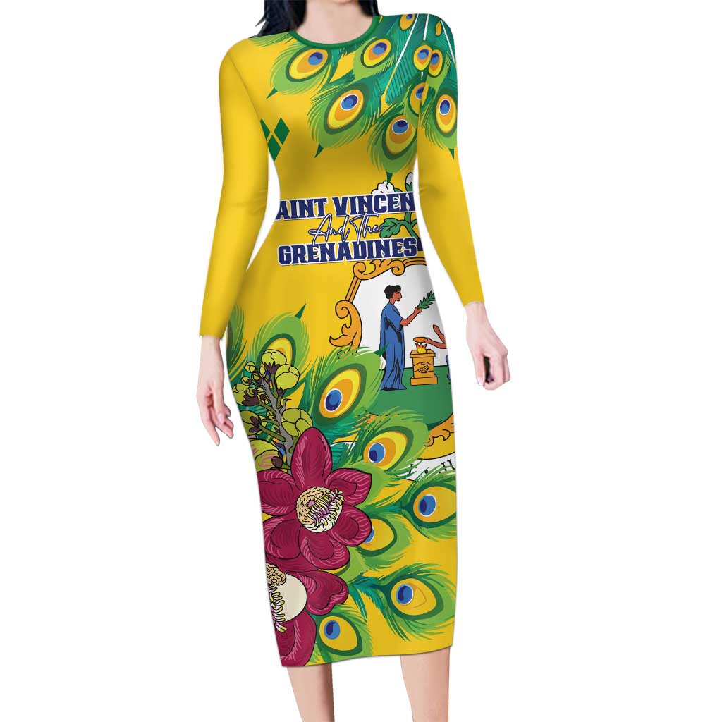 Personalized Saint Vincent and the Grenadines Long Sleeve Bodycon Dress Stylized Peacock Feather Royal