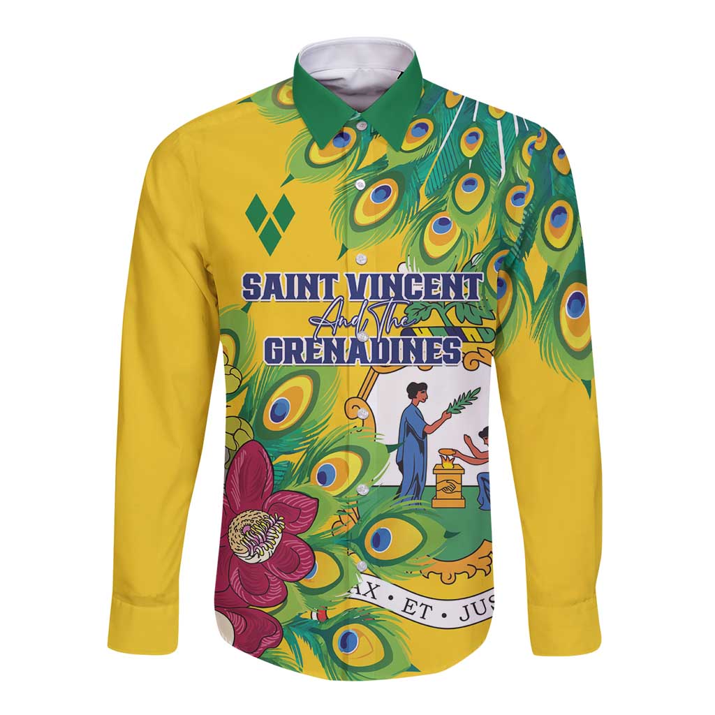 Yellow long sleeve button shirt with green collar and peacock feather front graphic