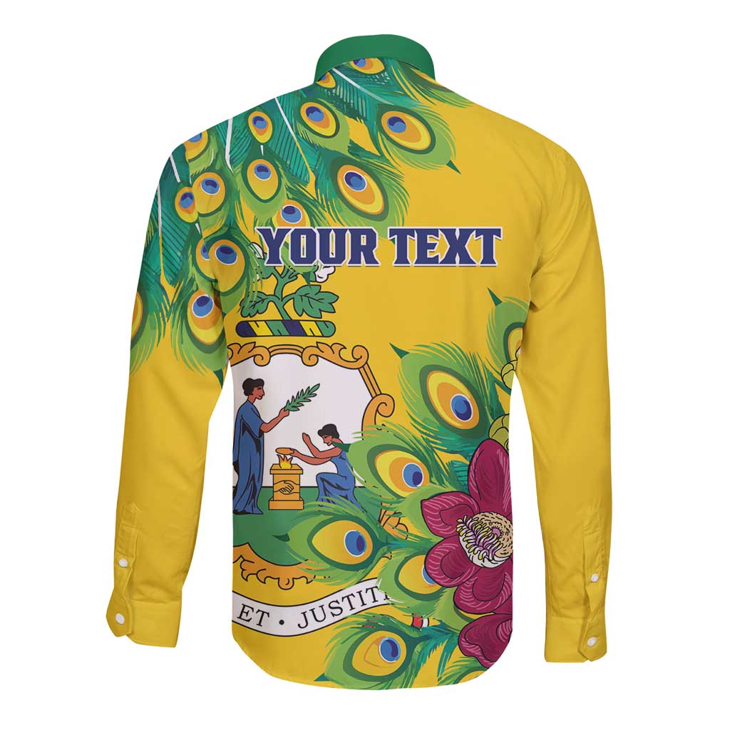 Yellow long sleeve button shirt with peacock feather back graphic and 'YOUR TEXT'