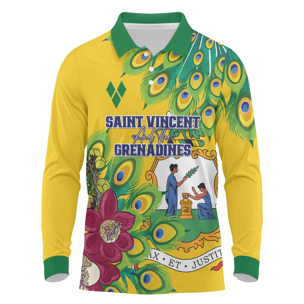 Personalized Saint Vincent and the Grenadines Long Sleeve Polo Shirt Stylized Peacock Feather Royal