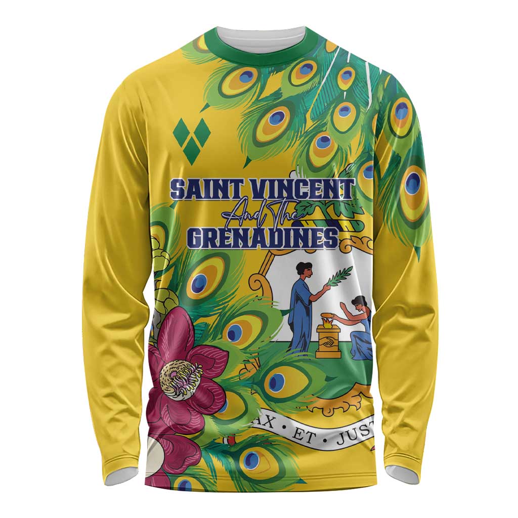 Personalized Saint Vincent and the Grenadines Long Sleeve Shirt Stylized Peacock Feather Royal