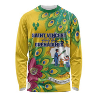 Yellow long-sleeve shirt with peacock feather graphic and Saint Vincent text
