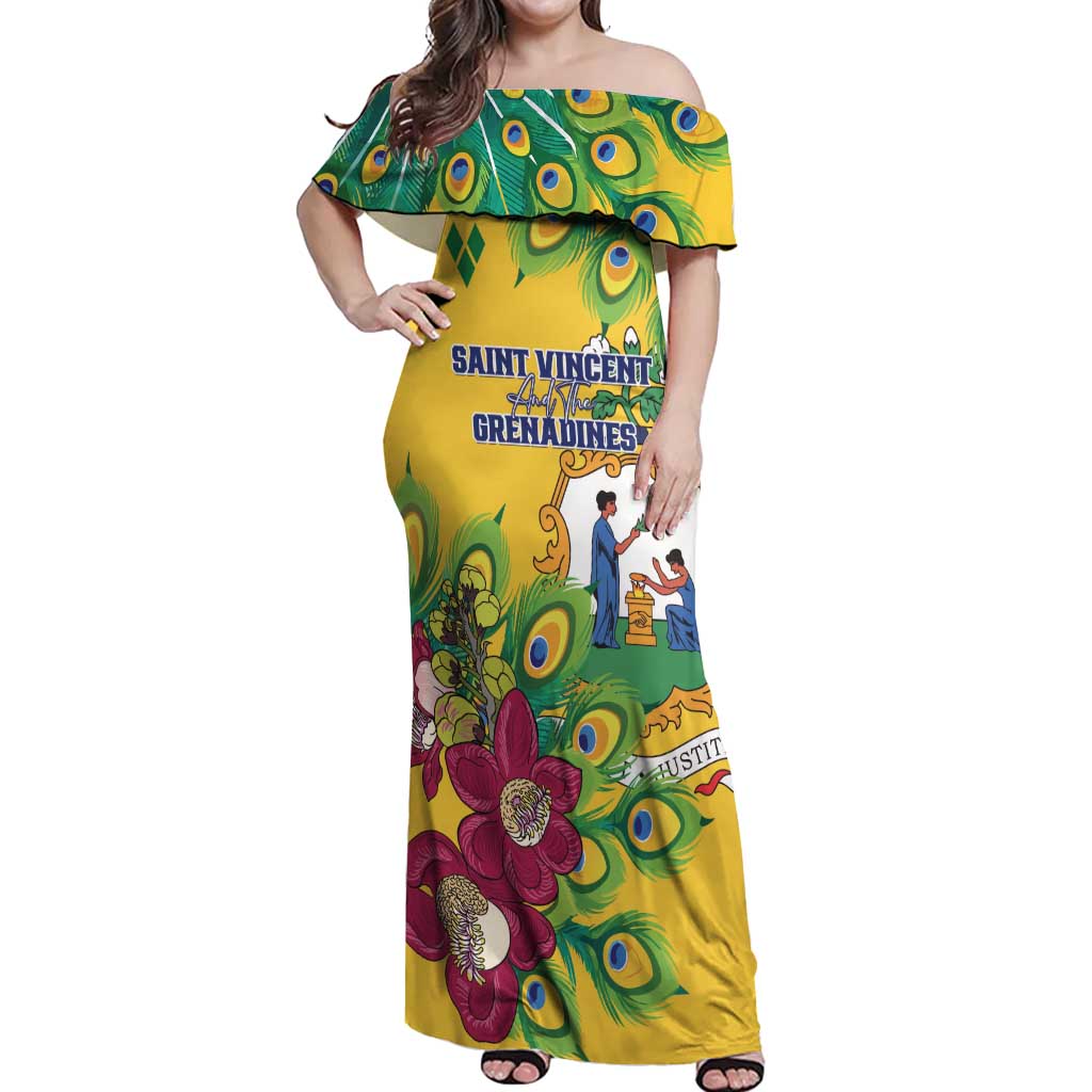 Personalized Saint Vincent and the Grenadines Off Shoulder Maxi Dress Stylized Peacock Feather Royal