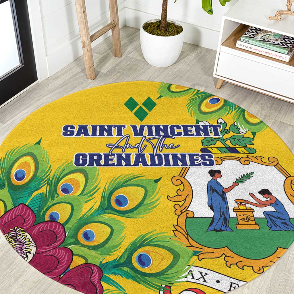 Yellow round rug with stylized peacock-feather print and illustrated figures