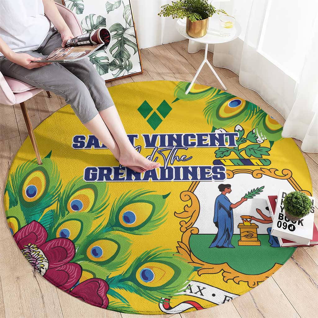 Yellow round rug with peacock-feather motif and blue illustrated scene