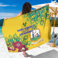 Yellow sarong with stylized peacock feather pattern and purple flower accents