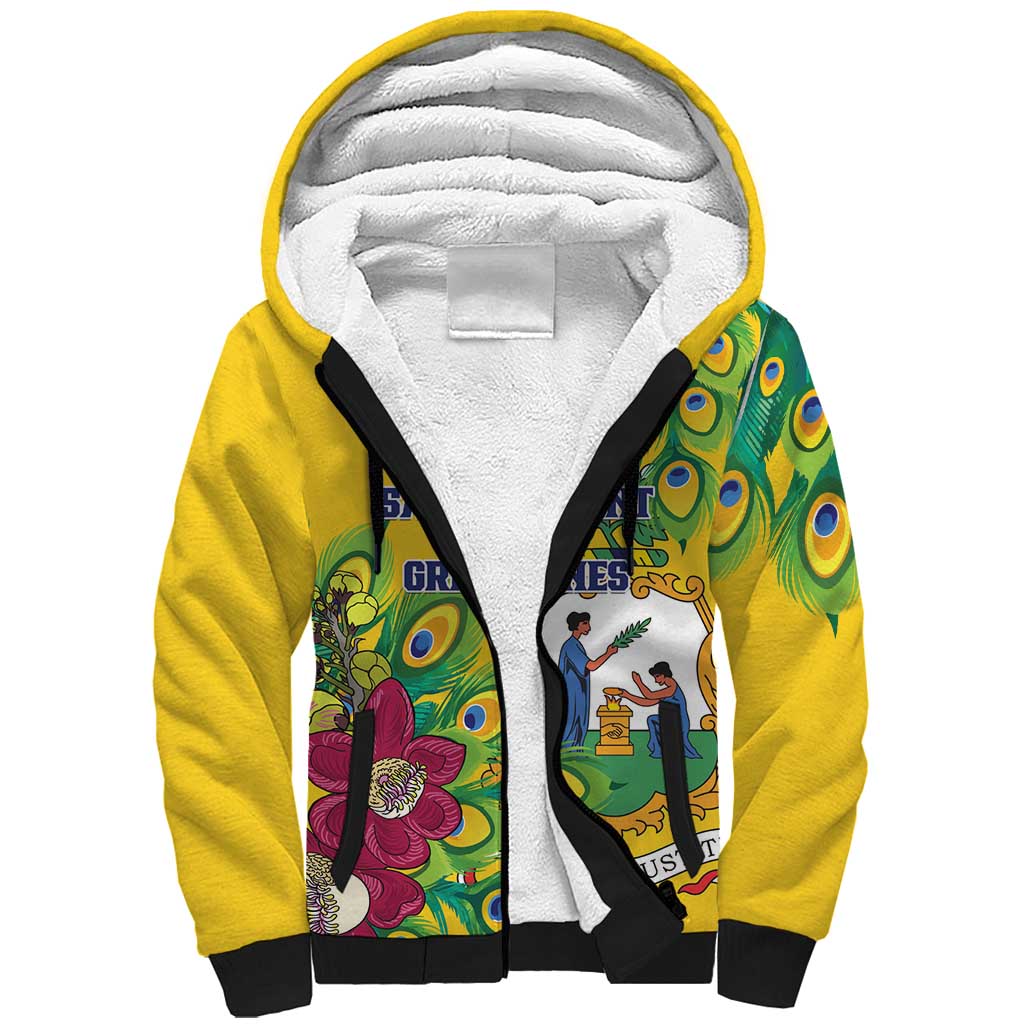 Personalized Saint Vincent and the Grenadines Sherpa Hoodie Stylized Peacock Feather Royal - Wonder Print Shop