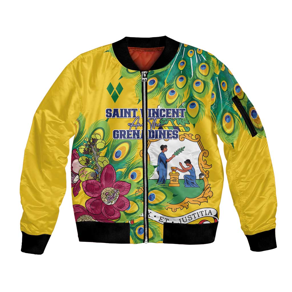 Personalized Saint Vincent and the Grenadines Sleeve Zip Bomber Jacket Stylized Peacock Feather Royal - Wonder Print Shop