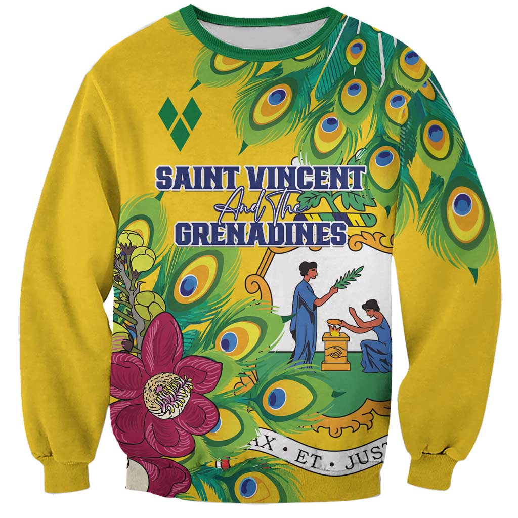 Yellow crewneck sweatshirt with green peacock feather graphic and front crest print.